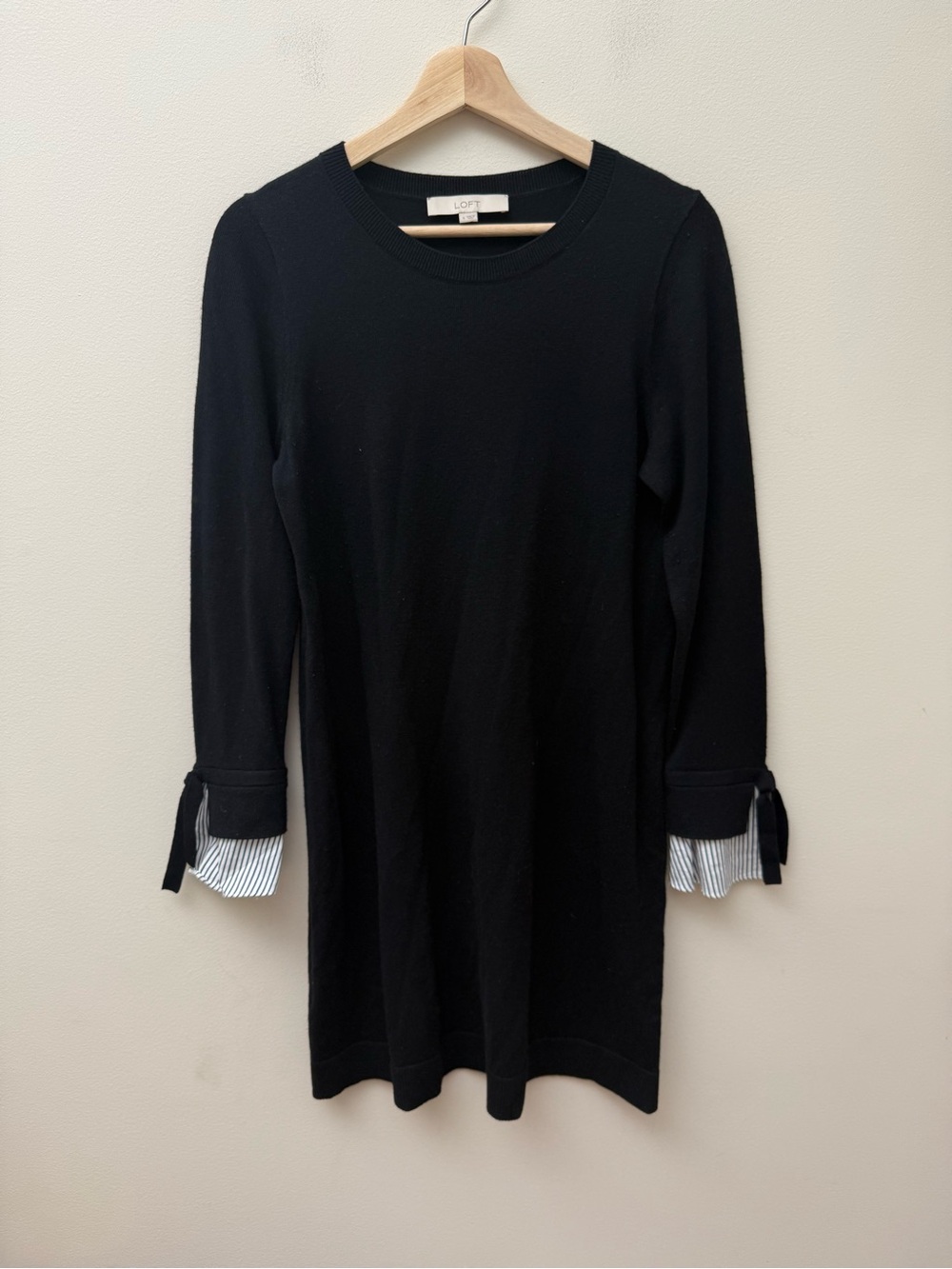 LOFT Black Long-Sleeve Knit Dress with Striped Cuff Ties